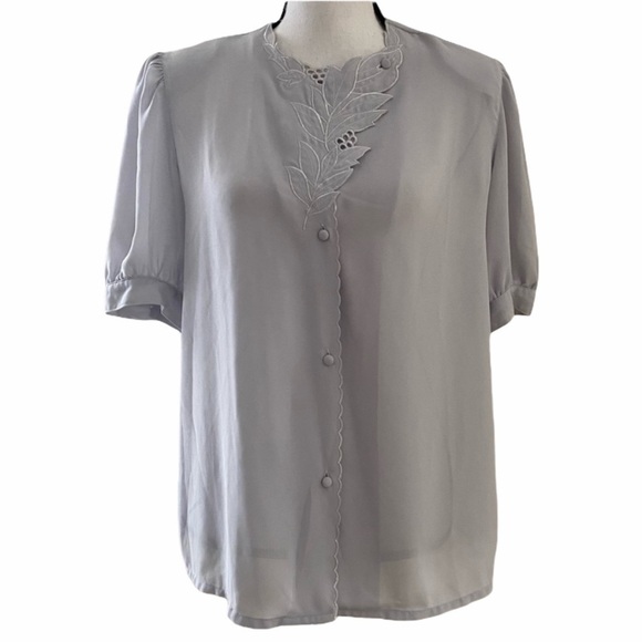 La Blouse Sheer Embroidered Gray Short Sleeve Top - Picture 2 of 10